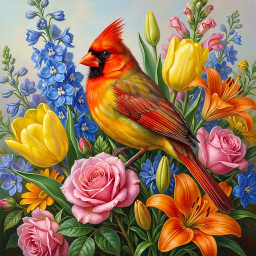striking-cardinal-amidst-colorful-blooms