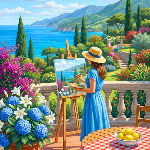 Woman painting a coastal landscape with hydrangeas online jigsaw for adults