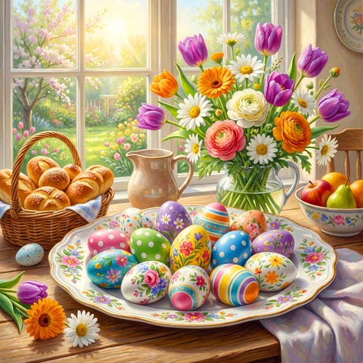 Colorful Easter eggs on a floral-patterned plate in a free online jigsaw