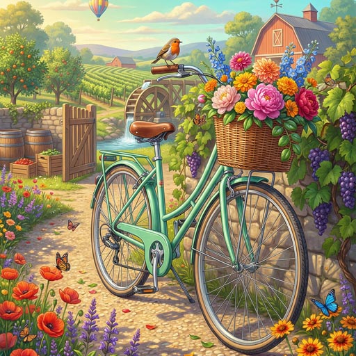 bird-on-bicycle-handlebar-blooming-garden