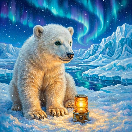 Young polar bear beside a glowing lantern - online jigsaw for adults