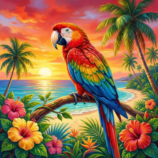 colorful-macaw-perched-tropical-sunset