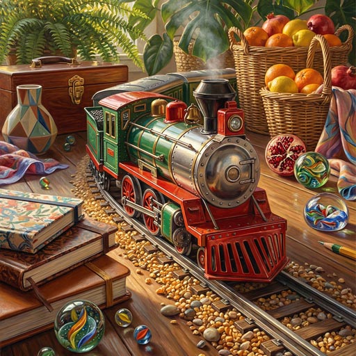 Macro view of sunlight refracting through colorful glass marbles scattered next to a miniature green steam locomotive and vintage leather-bound books.