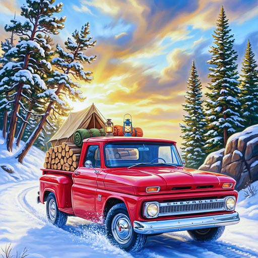 An outdoor puzzle set against a snowy landscape, featuring a striking red off-road vehicle, snow, and a beautiful sunset – a truly challenging puzzle!
